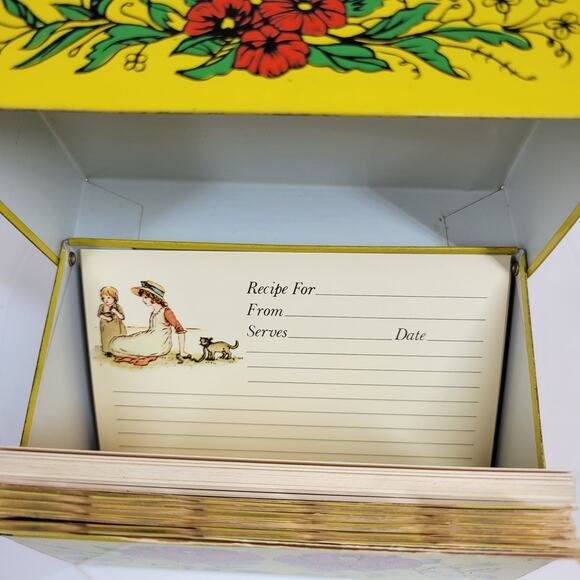 Vintage Syndicate Mfg Recipe Box Yellow Red Floral Metal Tin with Divider Cards - Picture 8 of 16